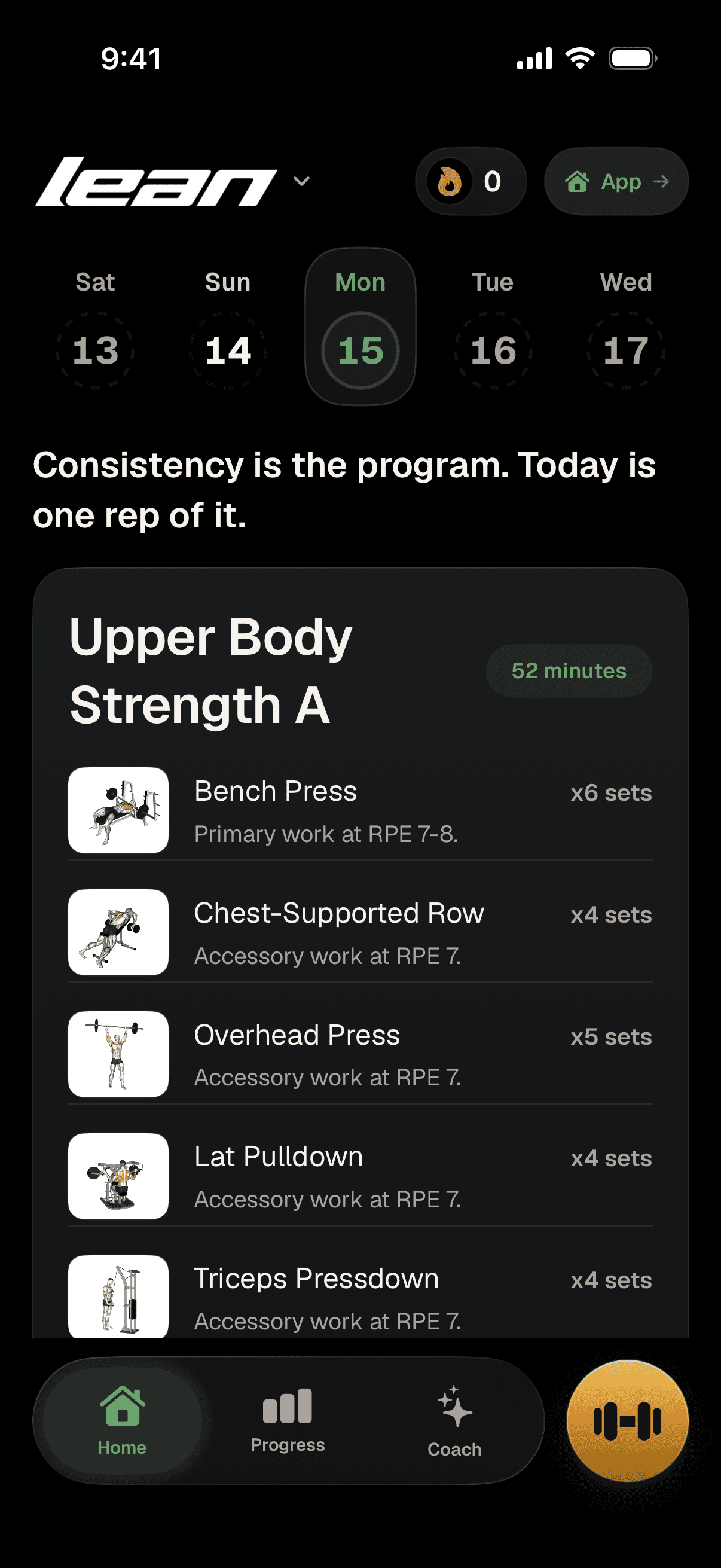 Lean home screen showing a planned upper body strength workout.